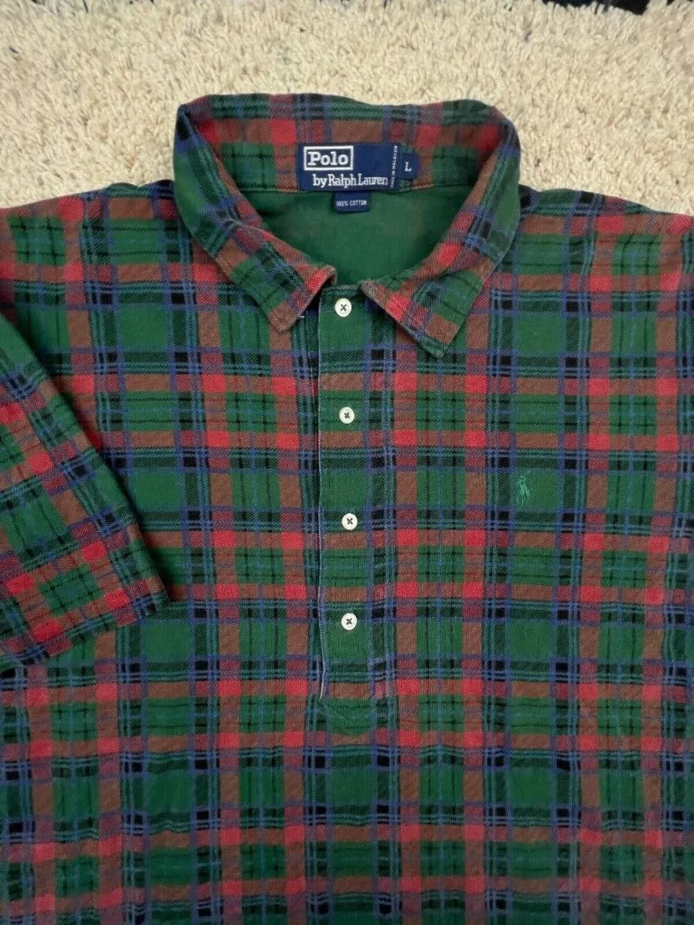 Polo Ralph Lauren Cotton Short Sleeve Polo Shirt w Pony Large Plaid Green Red